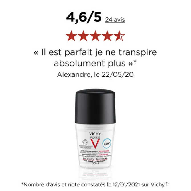 Vichy Déodorants|Soins Hommes>Déodorant Anti-Transpirant 48H - Anti-Traces